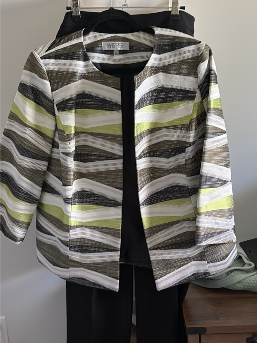 Kasper Lime Green, White & Gray Striped Collarless Jacket